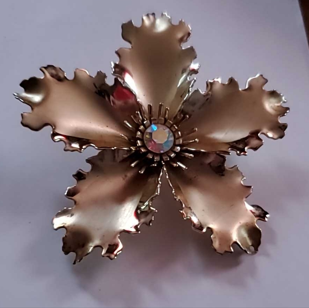 Large 2.5" Golden Flower Statement Brooch Austrian Crystal Center
